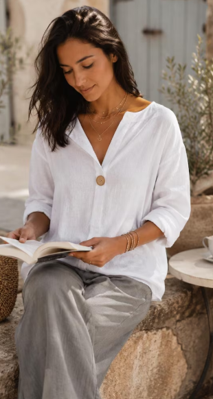 Linen V-Neck Button-Up Blouse