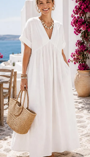 White Linen V-Neck Maxi Dress