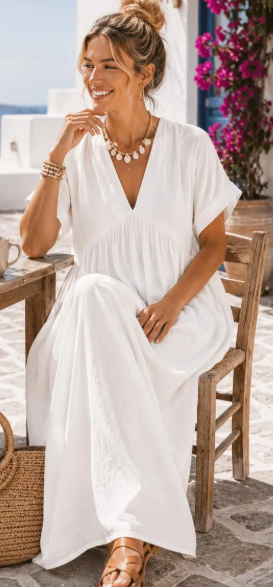 White Linen V-Neck Maxi Dress